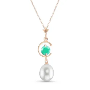 14K Solid Rose Gold Necklace w/ Natural Pearl & Emerald