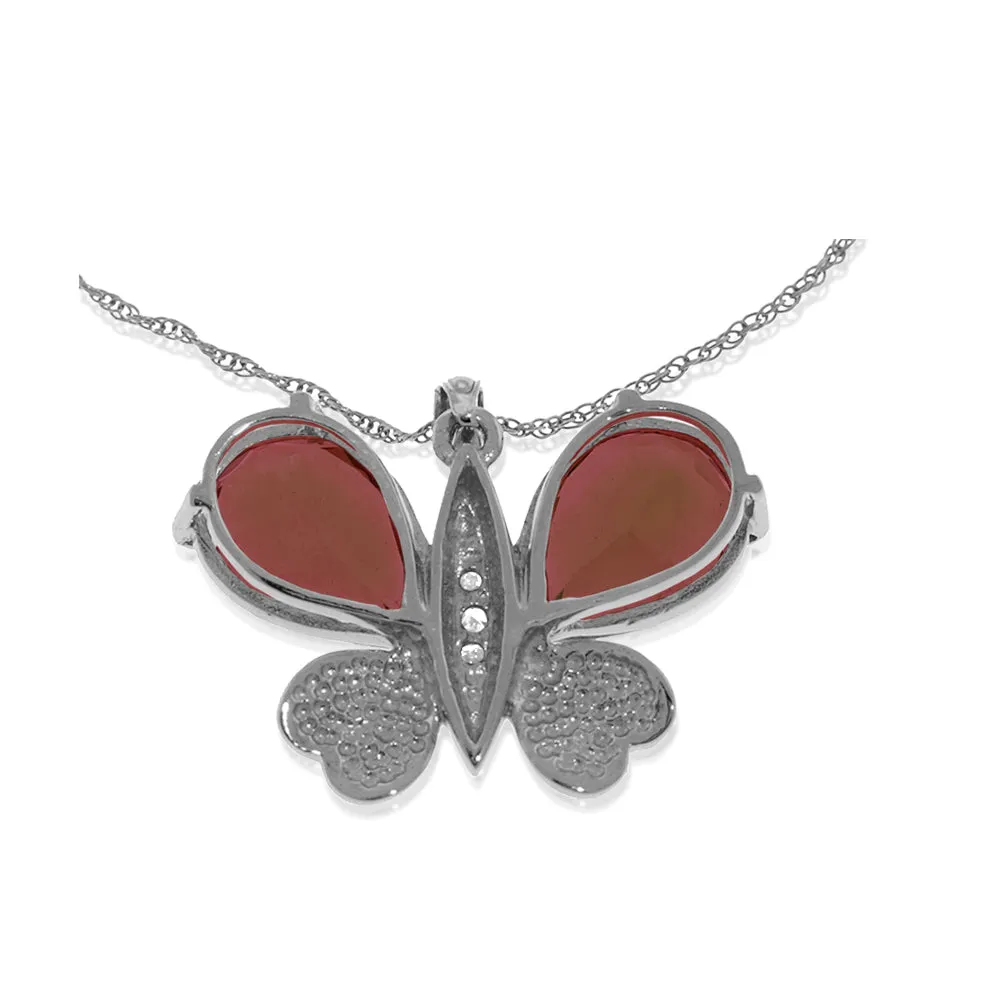 14K Solid White Gold Butterfly Necklace Natural Diamond & Garnet Gemstone