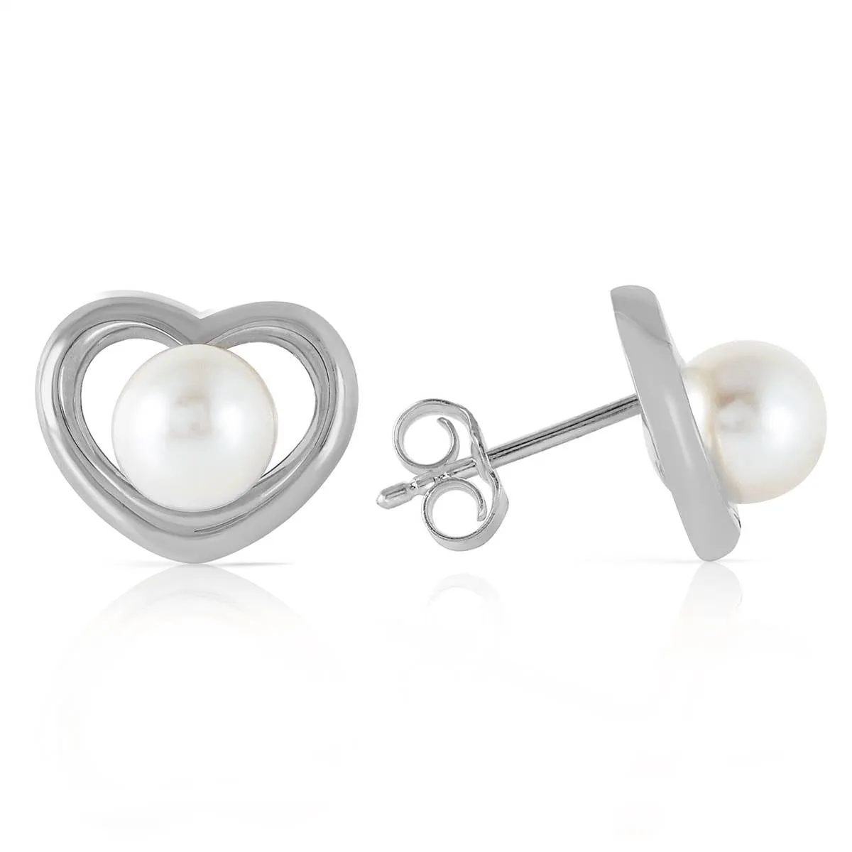 14K Solid White Gold Heartstud Earrings w/ Natural Pearls