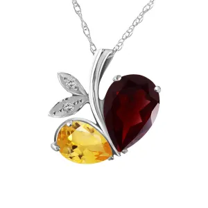 14K Solid White Gold Modern Heart Necklace Combination Of Garnet, Citrine & Diamonds