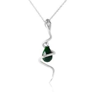 14K Solid White Gold Snake Necklace w/ Dangling Dyed Green Sapphire & Diamond