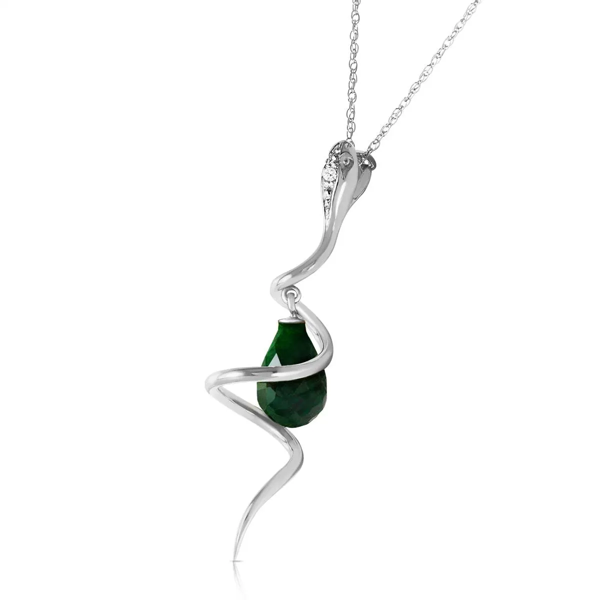 14K Solid White Gold Snake Necklace w/ Dangling Dyed Green Sapphire & Diamond