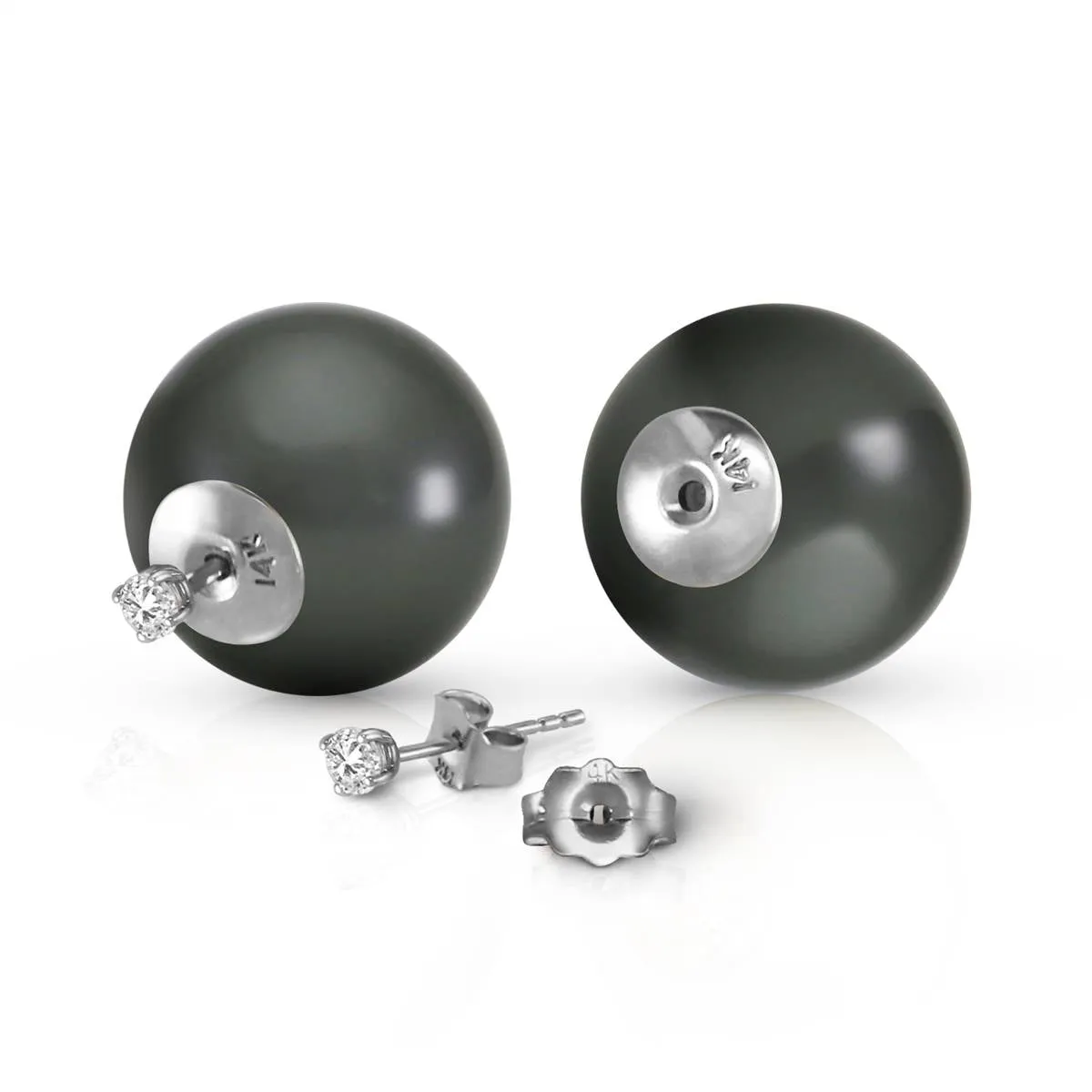 14K Solid White Gold Stud 0.20 Carat Natural Diamonds Earrings w/ Black Shell Pearls