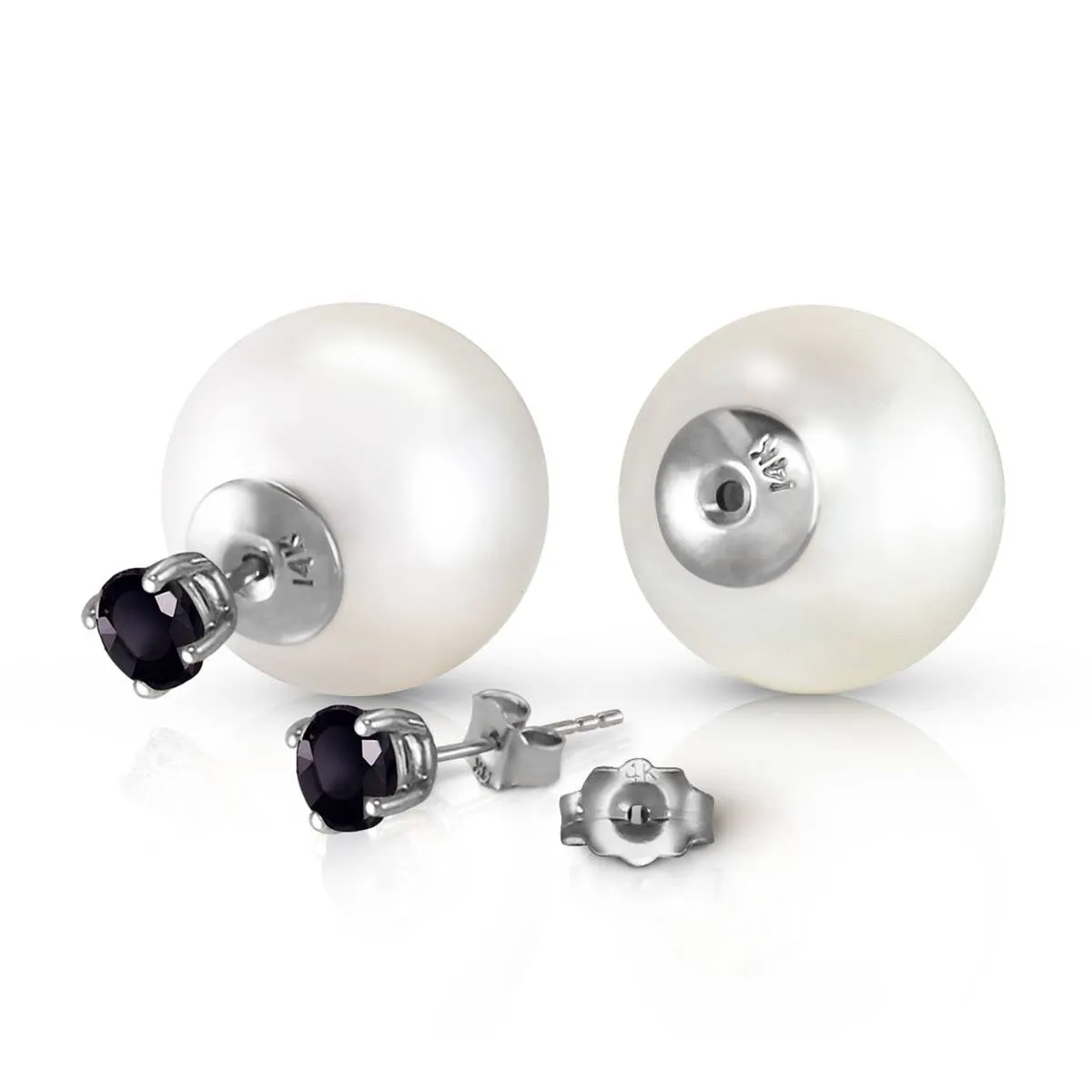 14K Solid White Gold Stud 1.0 Carat Natural Black Diamonds & White Shell Pearl Earrings