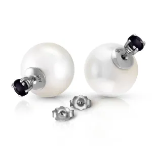 14K Solid White Gold Stud 1.0 Carat Natural Black Diamonds & White Shell Pearl Earrings