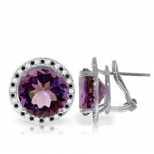 14K Solid White Gold Stud French Clips Earrings Black / White Diamonds & Amethysts