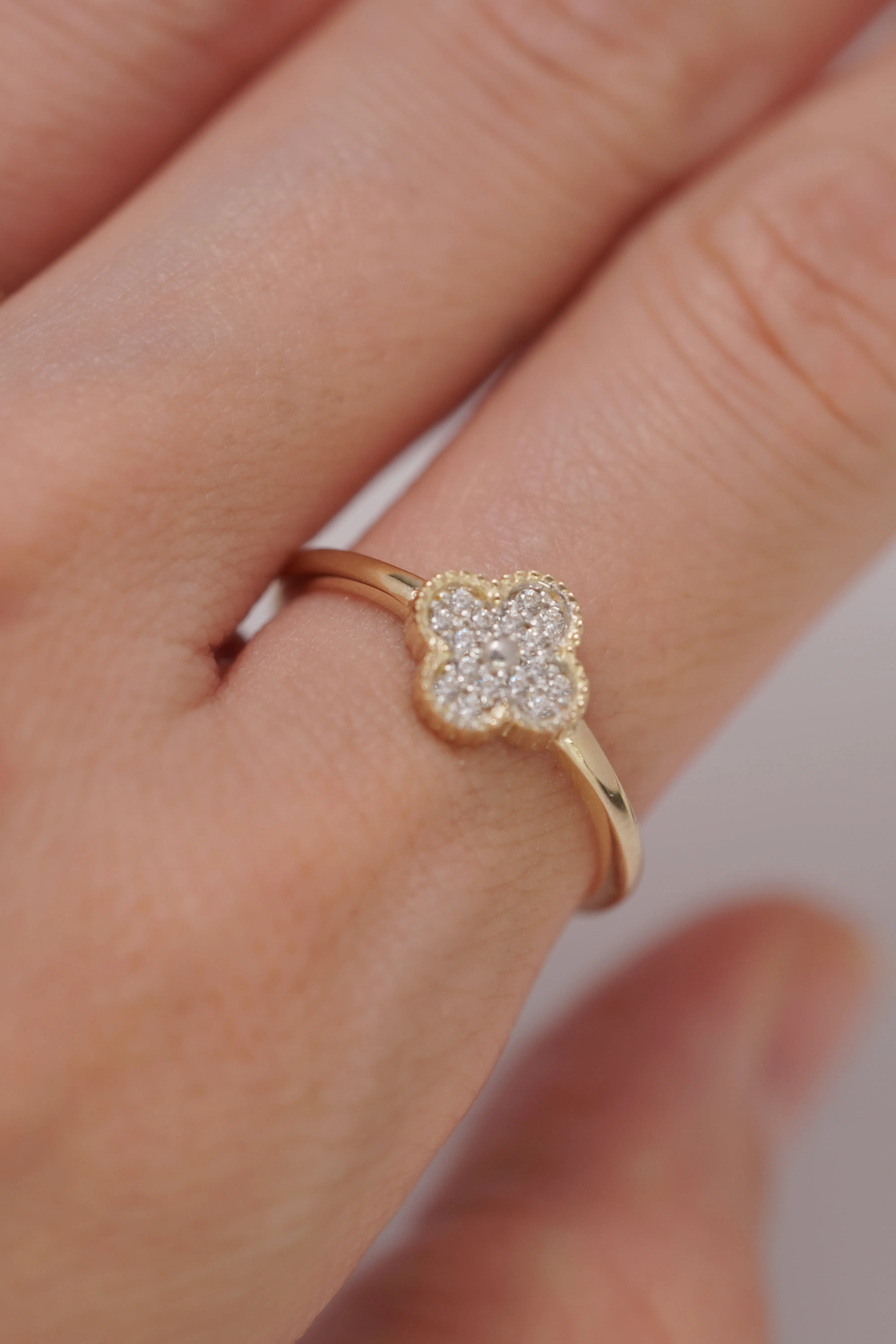 14K Solid Yellow Gold CZ Clover Ring