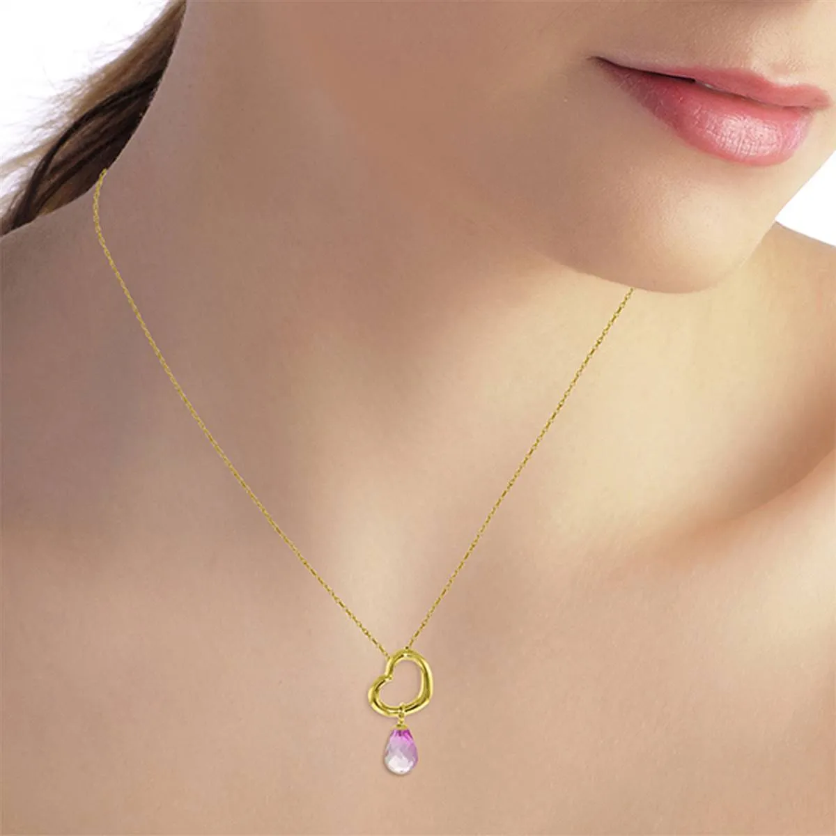 14K Solid Yellow Gold Heart Necklace w/ Dangling Natural Pink Topaz