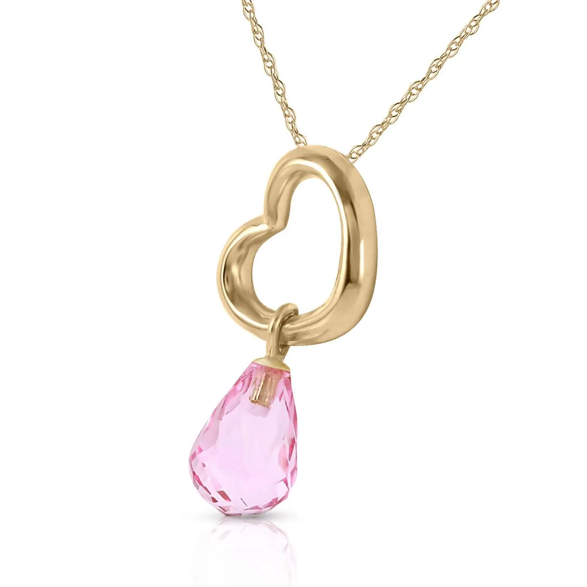 14K Solid Yellow Gold Heart Necklace w/ Dangling Natural Pink Topaz