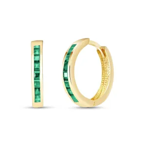 14K Solid Yellow Gold Hoop Huggie Earrings w/ Emeralds