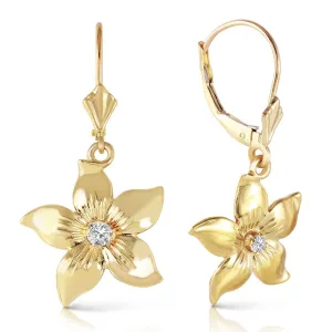 14K Solid Yellow Gold Leverback Flowers Earrings Diamond