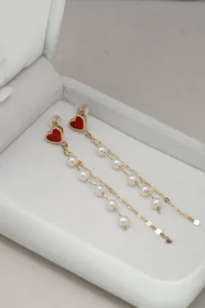 14K Solid Yellow Gold Red Heart Pearl Chain Dangle Drop Earring