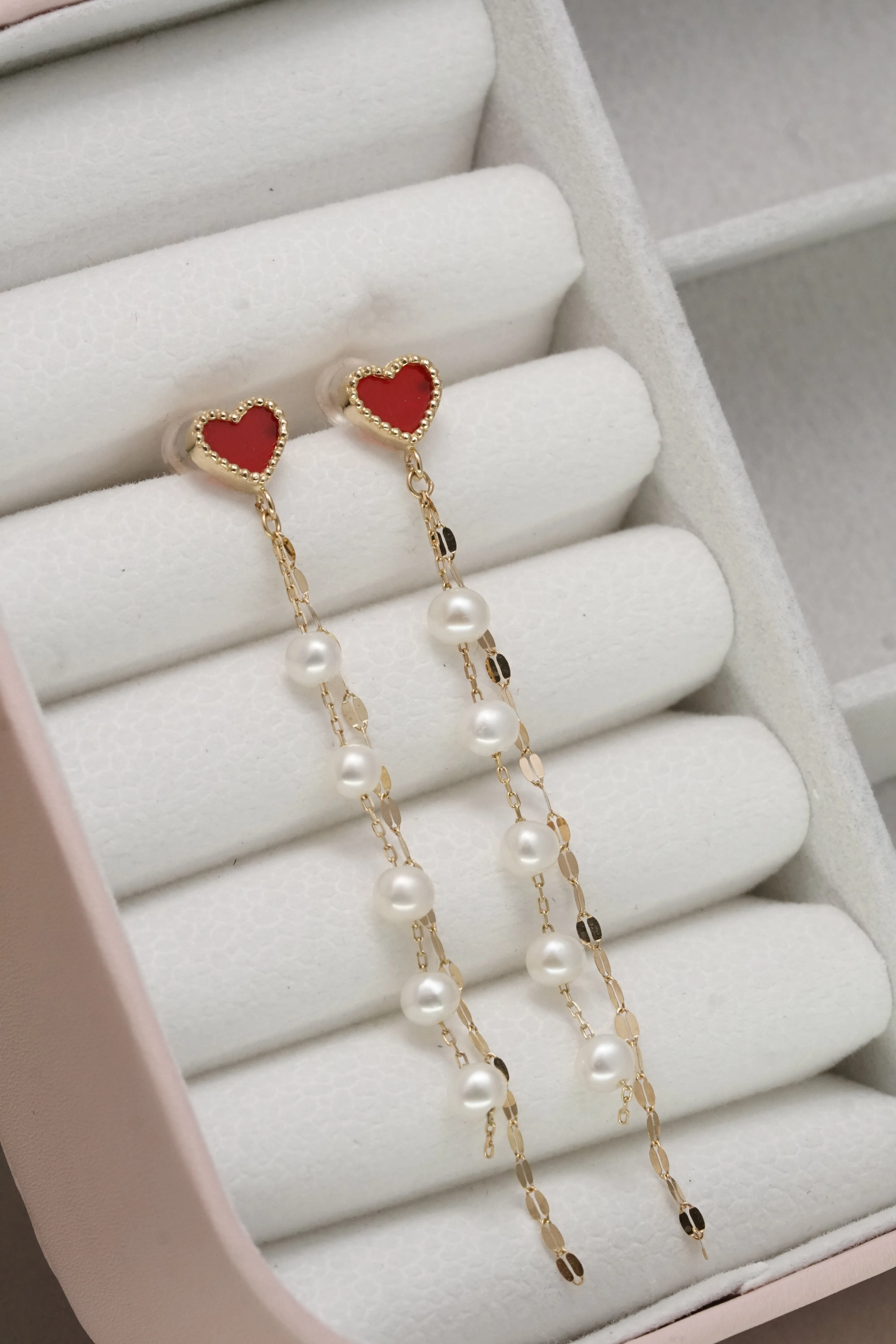 14K Solid Yellow Gold Red Heart Pearl Chain Dangle Drop Earring