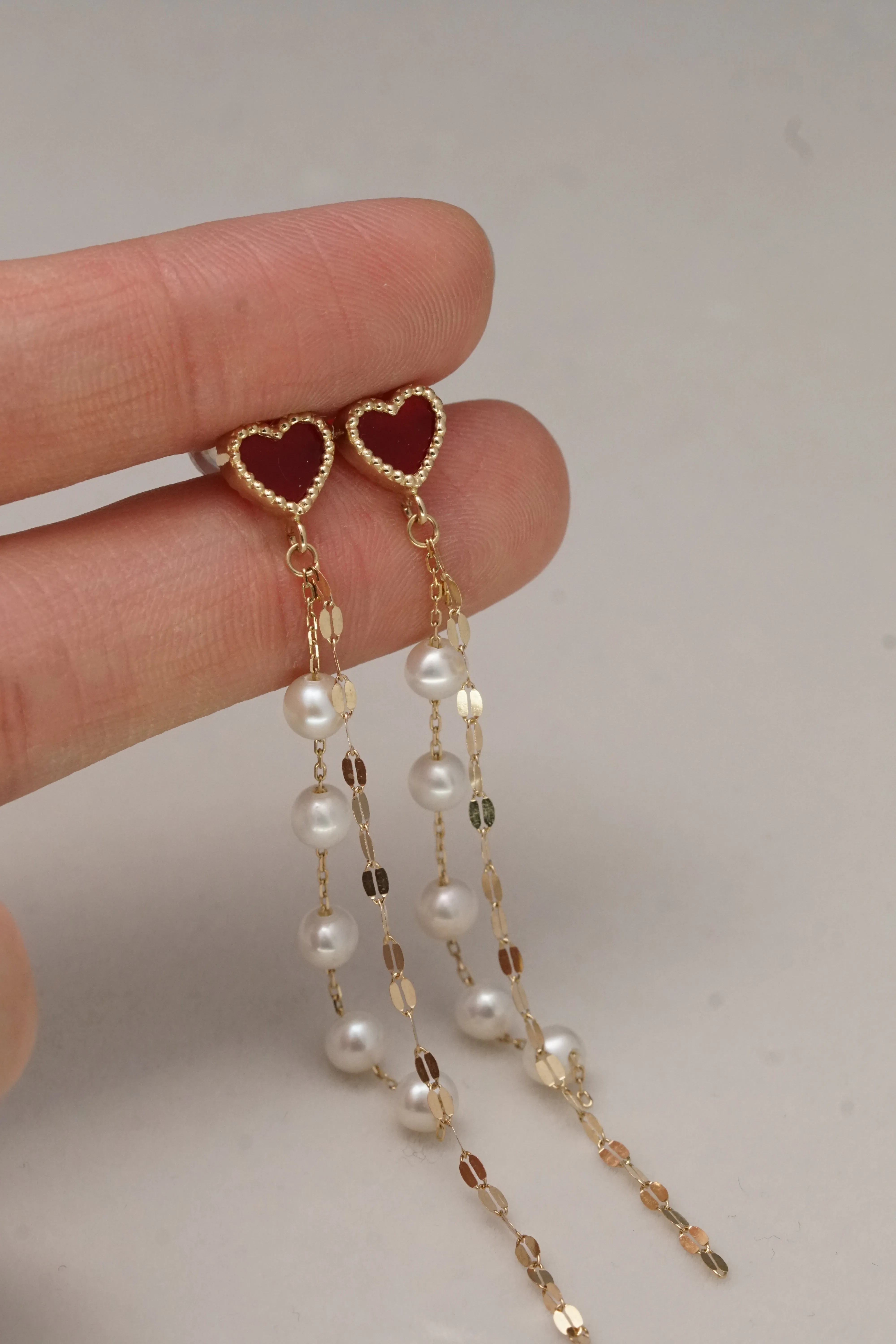 14K Solid Yellow Gold Red Heart Pearl Chain Dangle Drop Earring