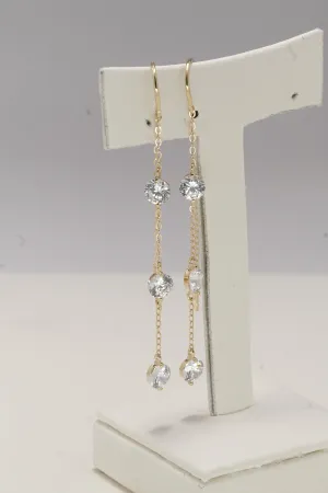 14K Solid Yellow Gold Threader Three Sparkling CZ Dangle Drop Earring