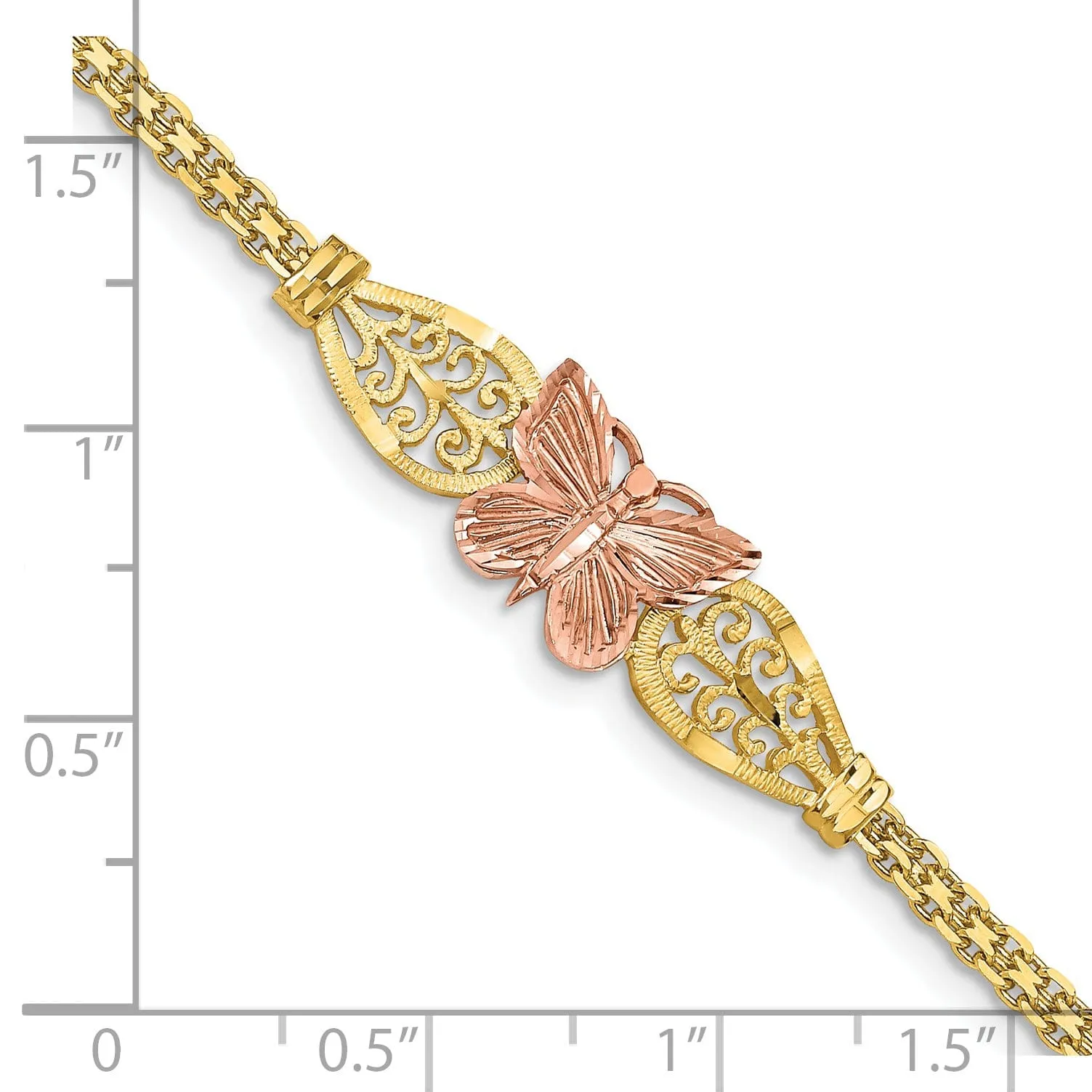 14K two-tone gold butterfly bracelet filigree design 7-inch, 10mm wide