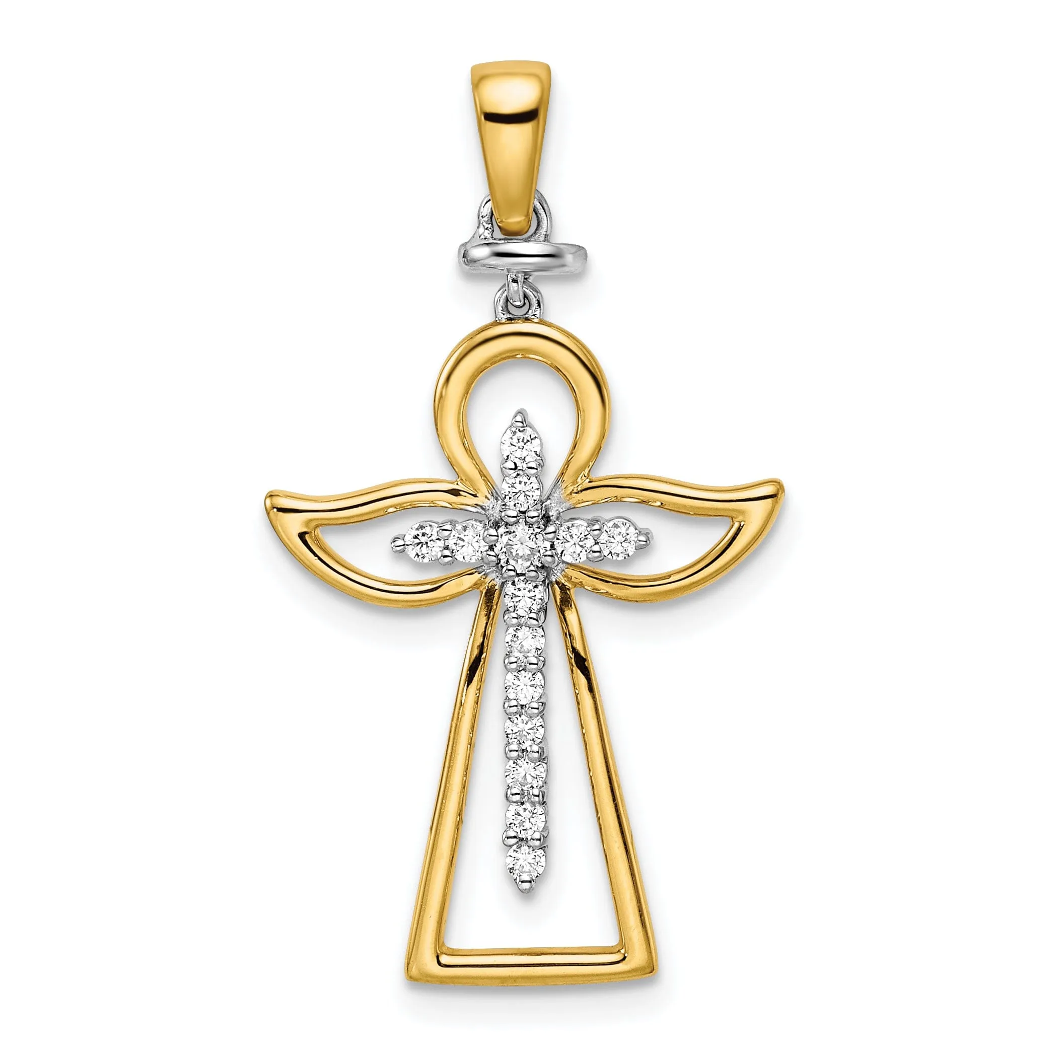 14k Two Tone Gold Polish Diamond 0.191-CT Angle Design Cross Pendant