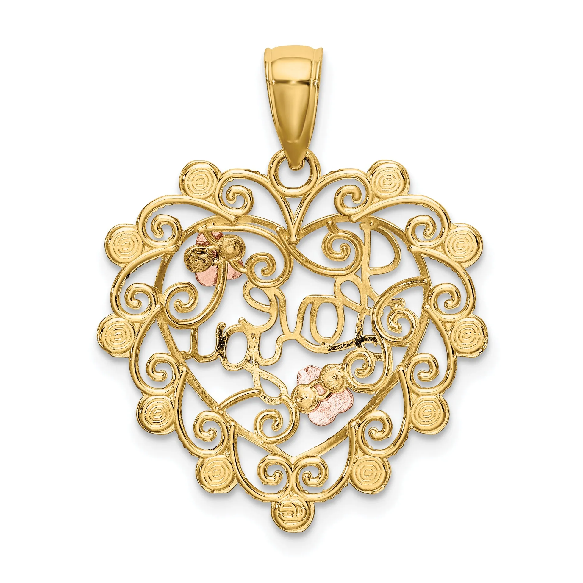 14k Two Tone Gold Rhodium I LOVE YOU Filigree Heart Flower Pendant