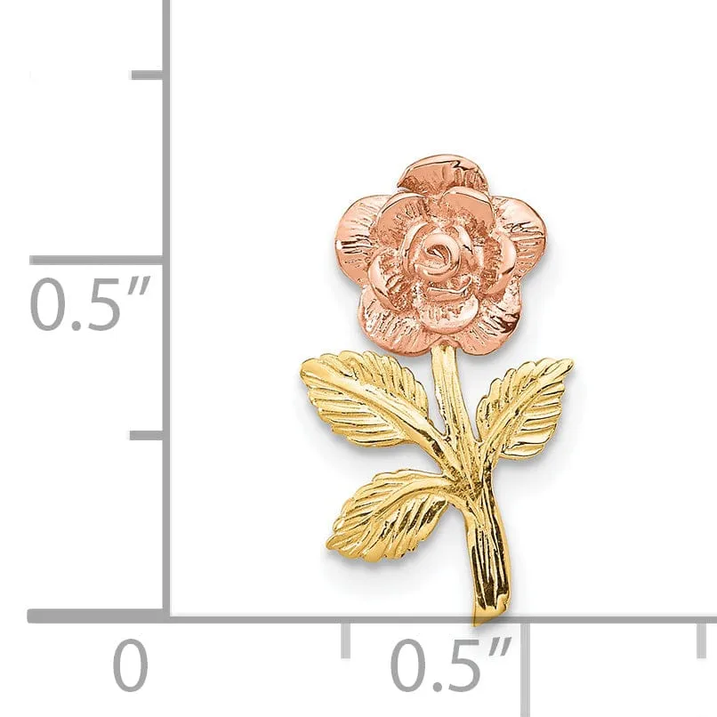 14k Two-tone Gold Solid Casted Open Back Textured Polished Finish Mini Pink Rose Flower Chain Slide. Will Not Fit Omega.