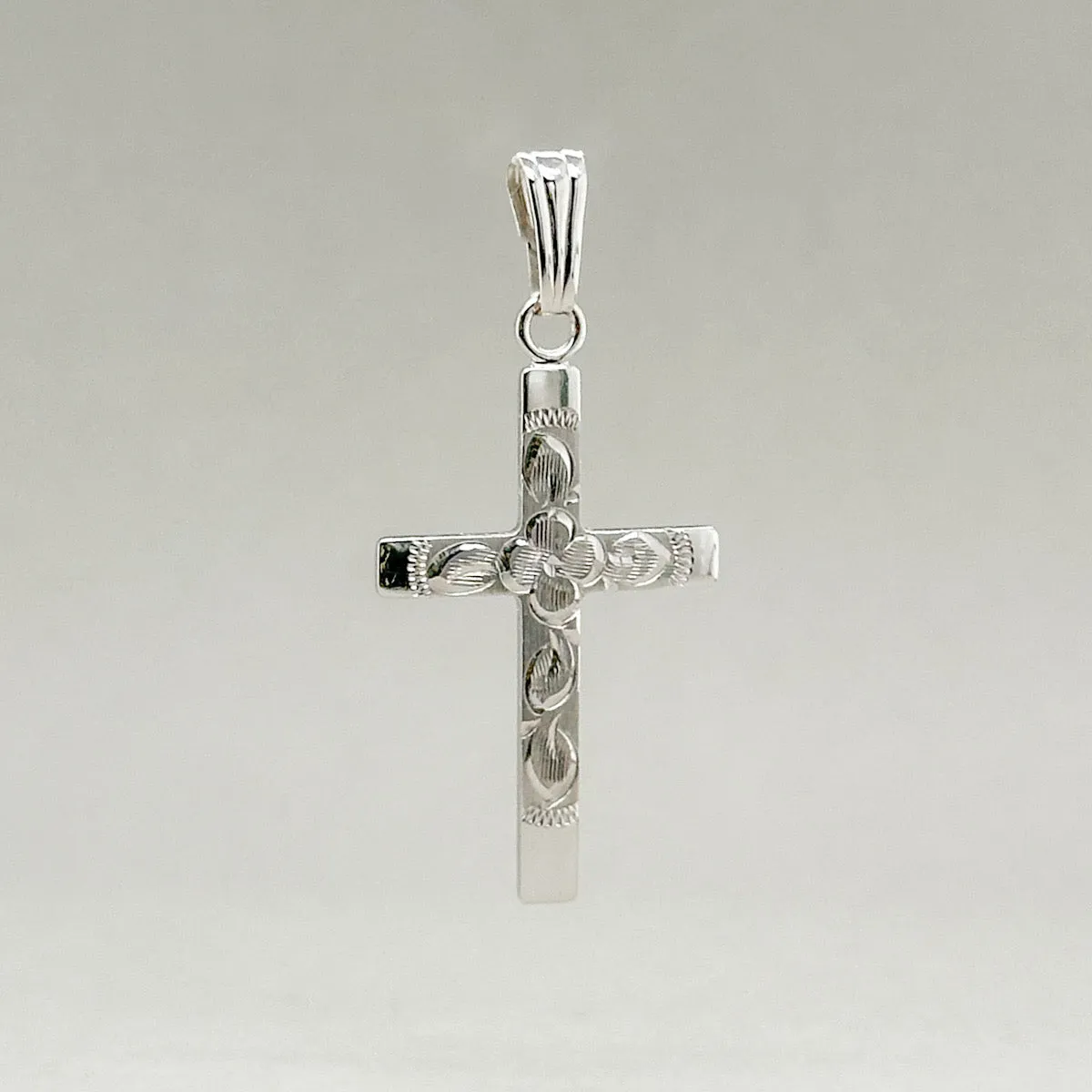 14K W Gold Floral Engraved Cross Pendant