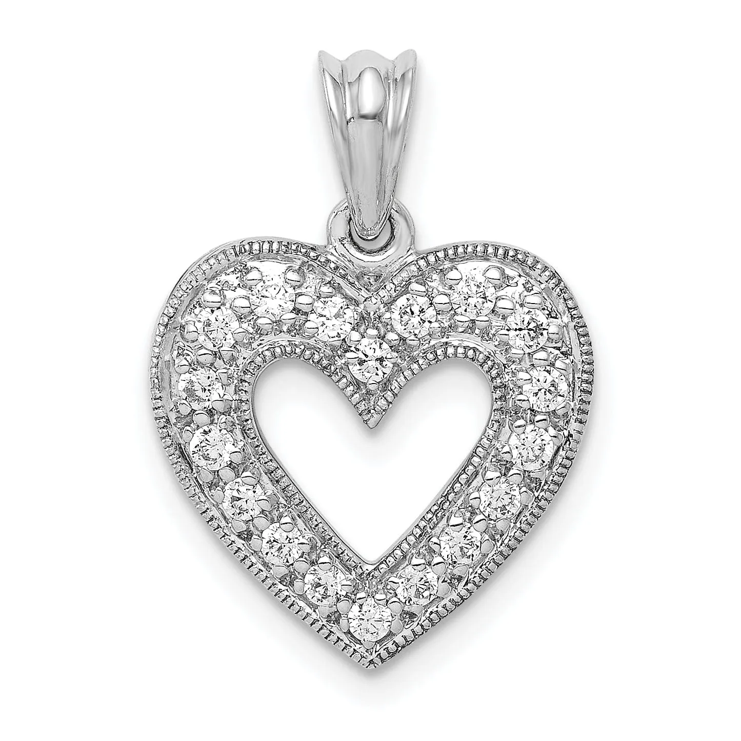 14k White Gold Beaded Textured Polished Finish Open Back 1/4ct. Diamond Heart Design Charm Pendant