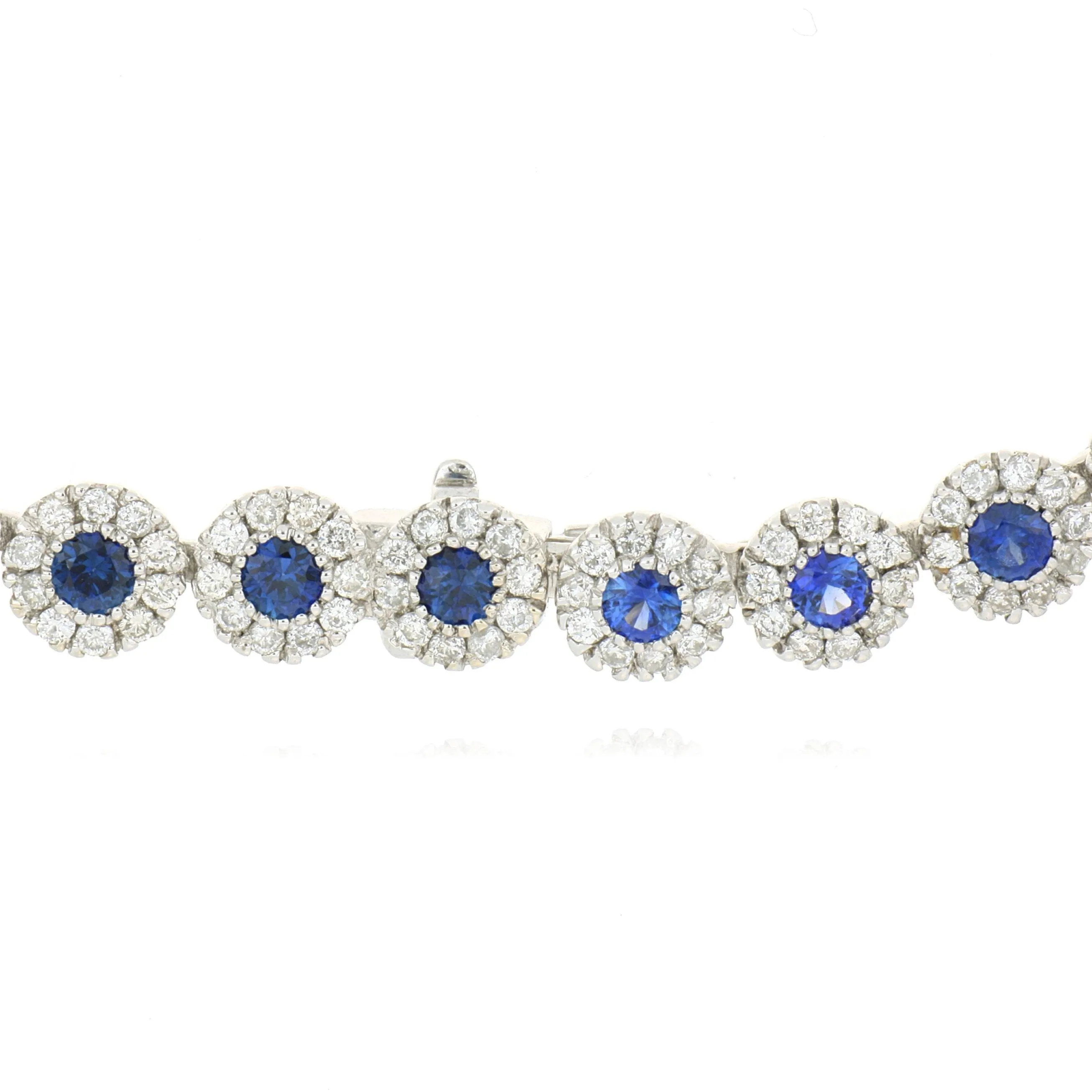 14k White Gold Blue Sapphire and Diamond Halo Tennis Necklace