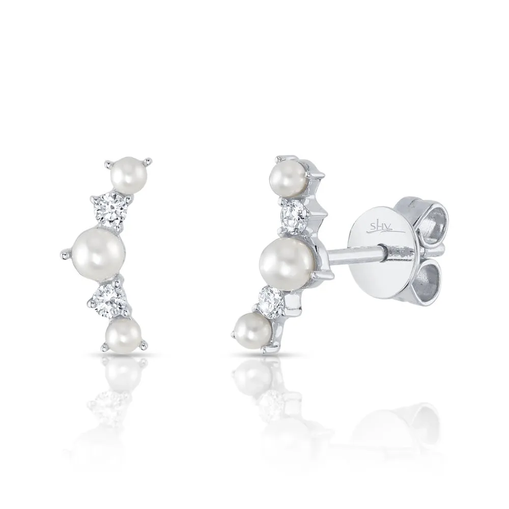 14K White Gold Diamond and Cultured Pearl Stud Earrings