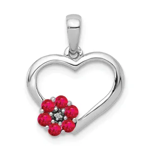 14k White Gold Polished Finish Closed Back 0.003-CT Diamond & 0.21-CT Ruby Stones Heart with Flower Design Charm Pendant