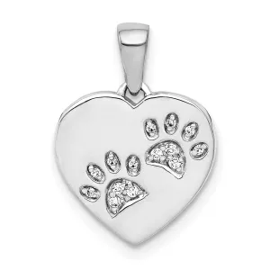 14k White Gold Polished Finish Open Back with Diamonds Paw Prints Heart Shape Charm Pendant