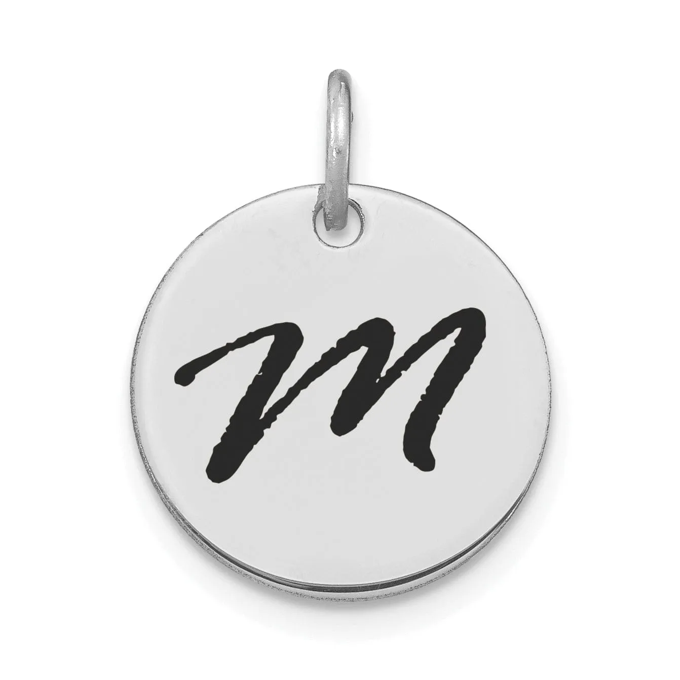 14k White Gold Polished Rhodium Black Epoxy Finish Letter M Initial Disk Shape Charm Pendant