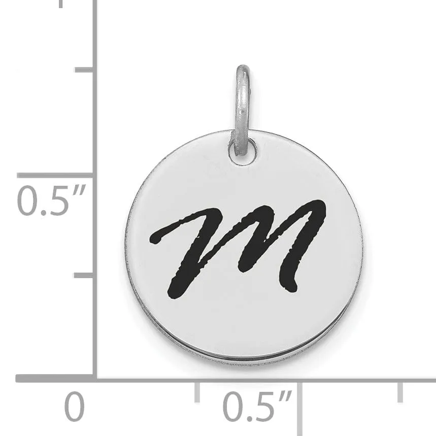 14k White Gold Polished Rhodium Black Epoxy Finish Letter M Initial Disk Shape Charm Pendant