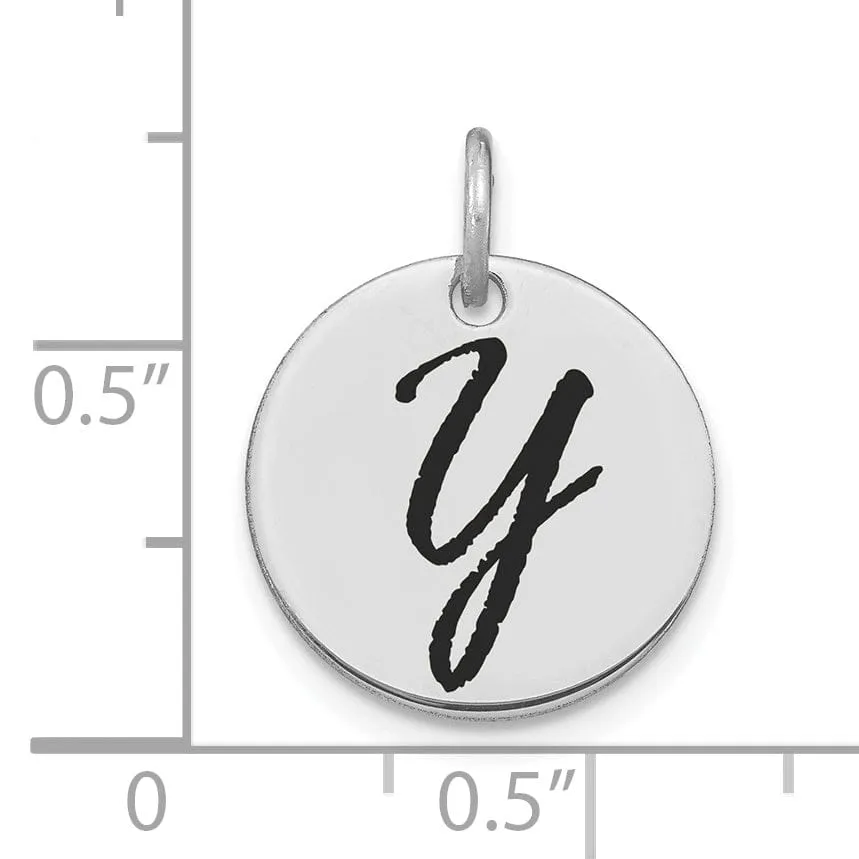 14k White Gold Polished Rhodium Black Epoxy Finish Letter Y Initial Disk Shape Charm Pendant