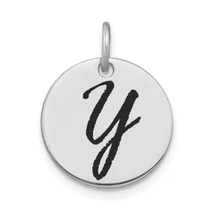 14k White Gold Polished Rhodium Black Epoxy Finish Letter Y Initial Disk Shape Charm Pendant