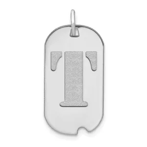 14k White Gold Rhodium Polished Finish Block Letter T Initial Dog Tag Charm Pendant