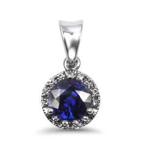 14k White Gold Sapphire and Diamond Halo Pendant