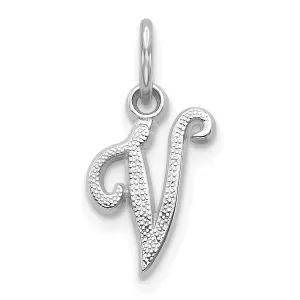 14K White Gold Small Size Casted Script Design Letter V Initial Charm Pendant