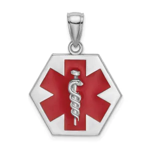 14K White Gold Textured Back Polished Finish Red Enameled Finish Caduceus Medical Disc Charm Pendant