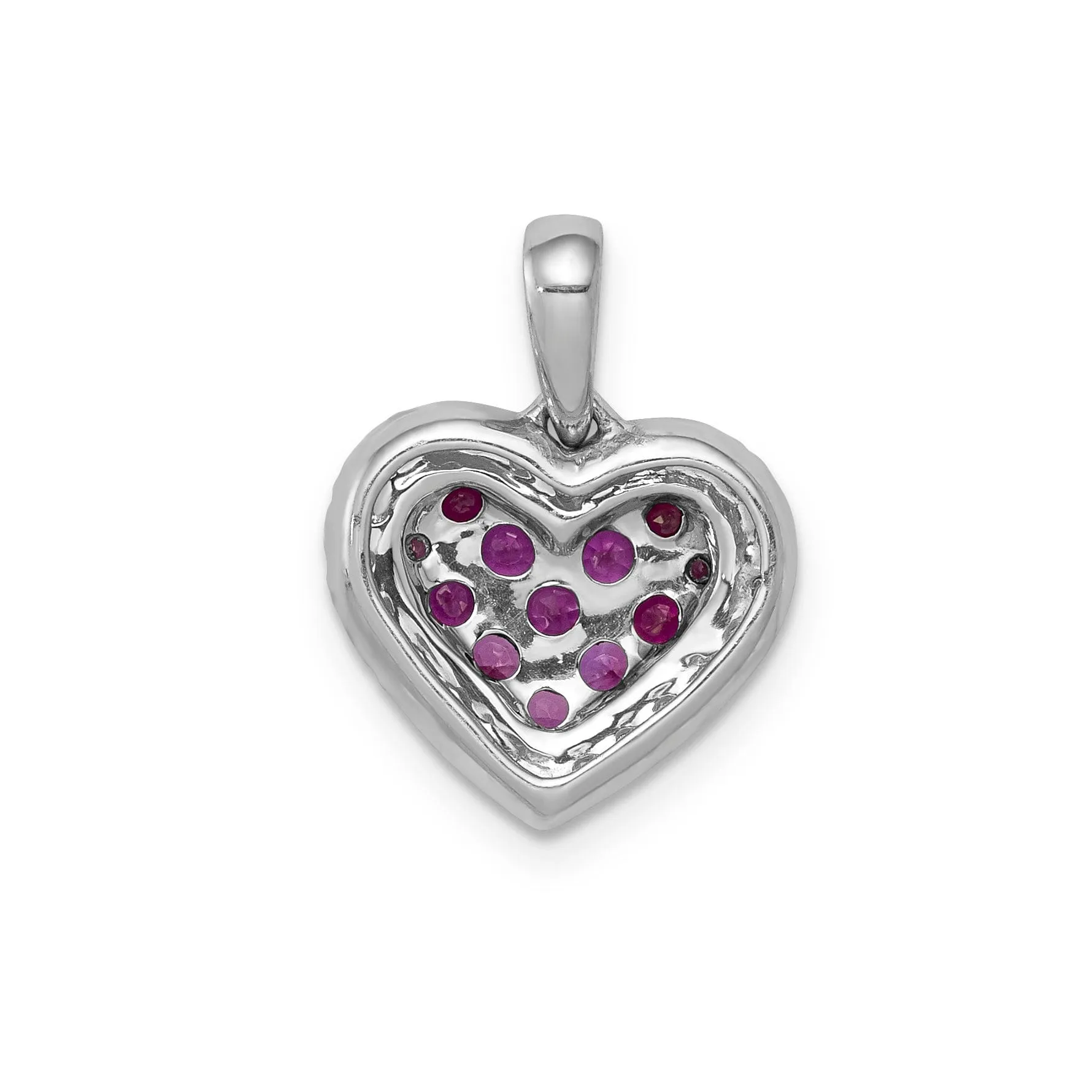 14k White Gold, White, Black Rhodium Polished Finish Open Back 0.12-CT Diamond & 0.308-CT Ruby Heart Design Charm Pendant