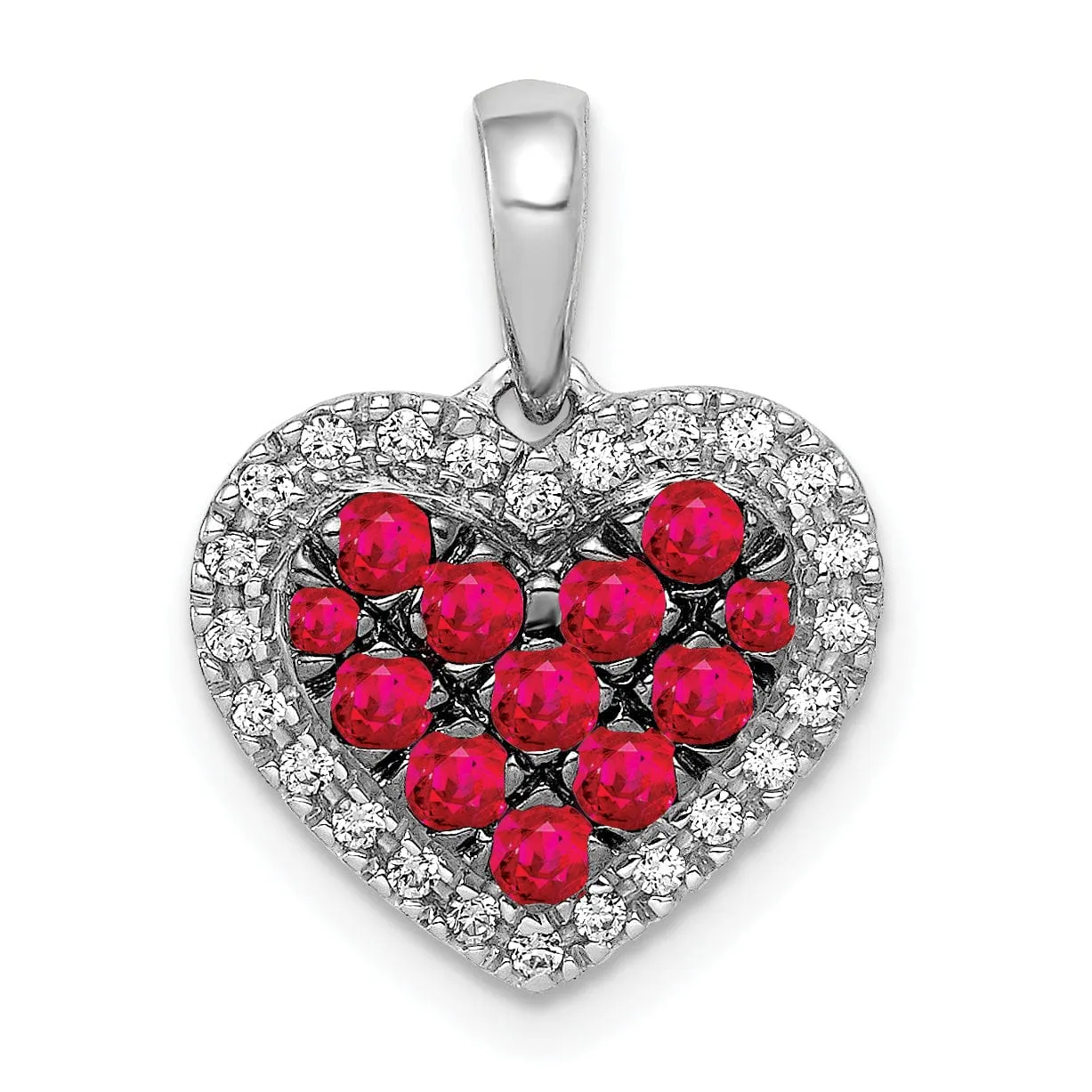 14k White Gold, White, Black Rhodium Polished Finish Open Back 0.12-CT Diamond & 0.308-CT Ruby Heart Design Charm Pendant