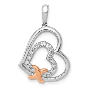 14k White, Rose Gold Close Back Polished Finish 1/15-CT Diamond Two Hearts Entwined Fancy Design Charm Pendant