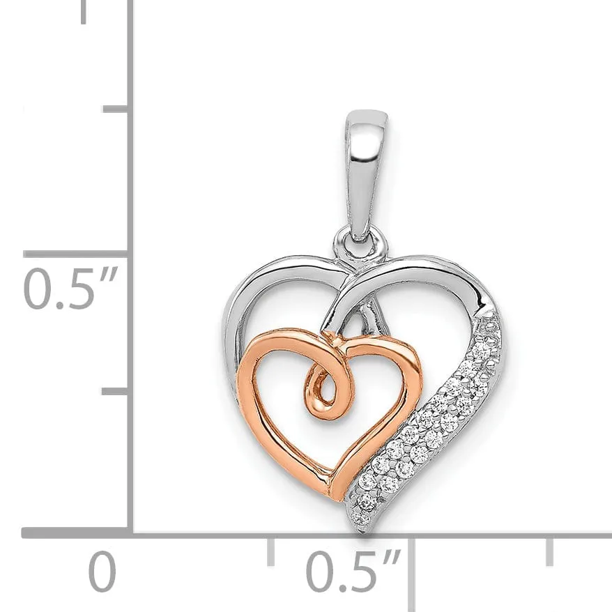 14k White, Rose Gold Polished Finish Open Back 1/20-CT Diamond Double Swirl Design Hearts Style Charm Pendant