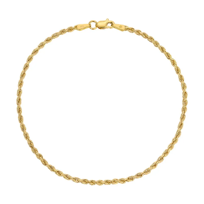 14K Yellow 2.00mm-5.00mm Diamond CUT Hollow ROPE Bracelets