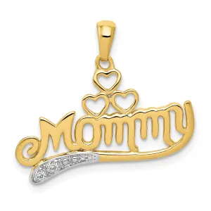 14k Yellow Gold .02-ct Diamond Script MOMMY Triple Heart Design Pendant