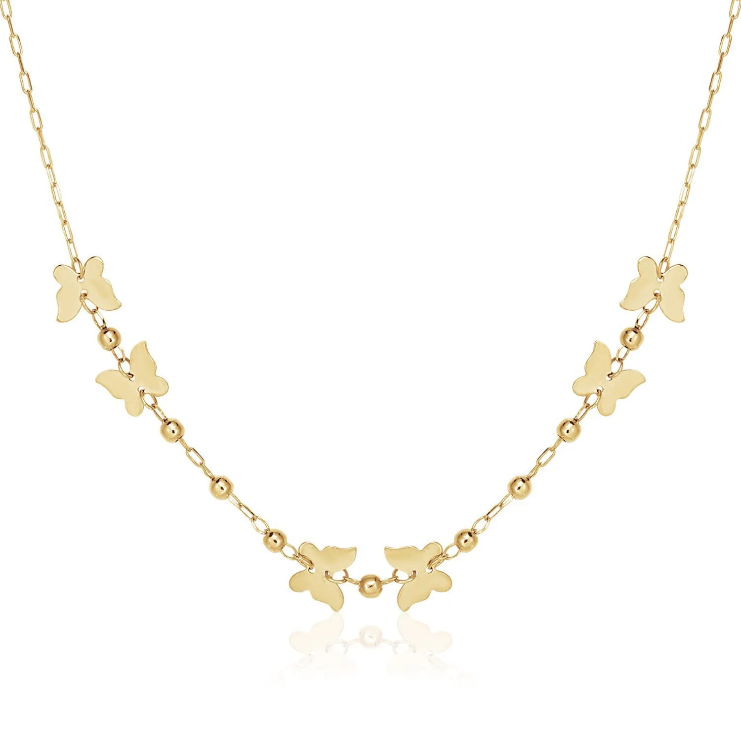 14k Yellow Gold 18 inch Necklace with Polished Butterflies and Beads