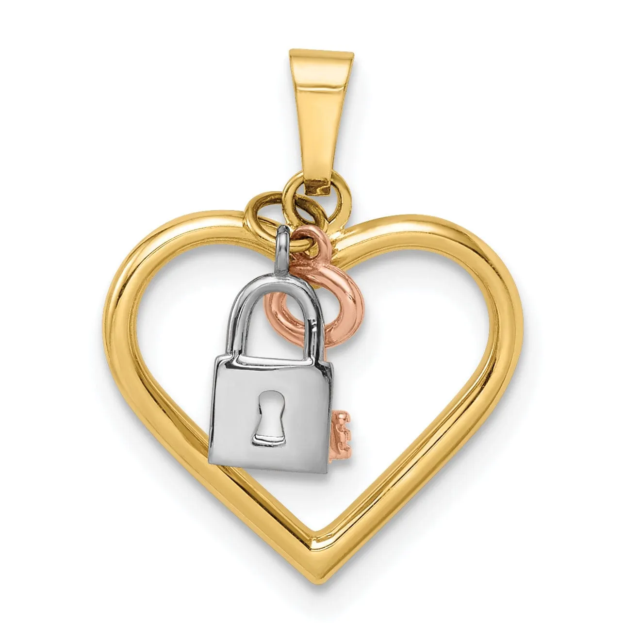 14k Yellow Gold 3-D Heart, Lock and Key Design Charm Pendant