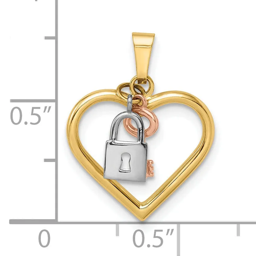 14k Yellow Gold 3-D Heart, Lock and Key Design Charm Pendant