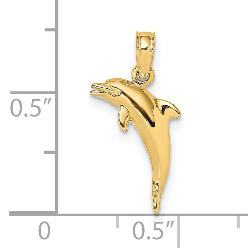 14K Yellow Gold 3-Dimensional Polished Finish Mini Size Dolphin Jumping Design Charm Pendant