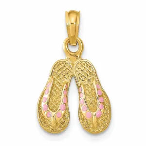 14k  Yellow Gold 3-Dimensional Textured Polished Pink Color Enamel Finish Double Flip-Flop Sandal Charm Pendant