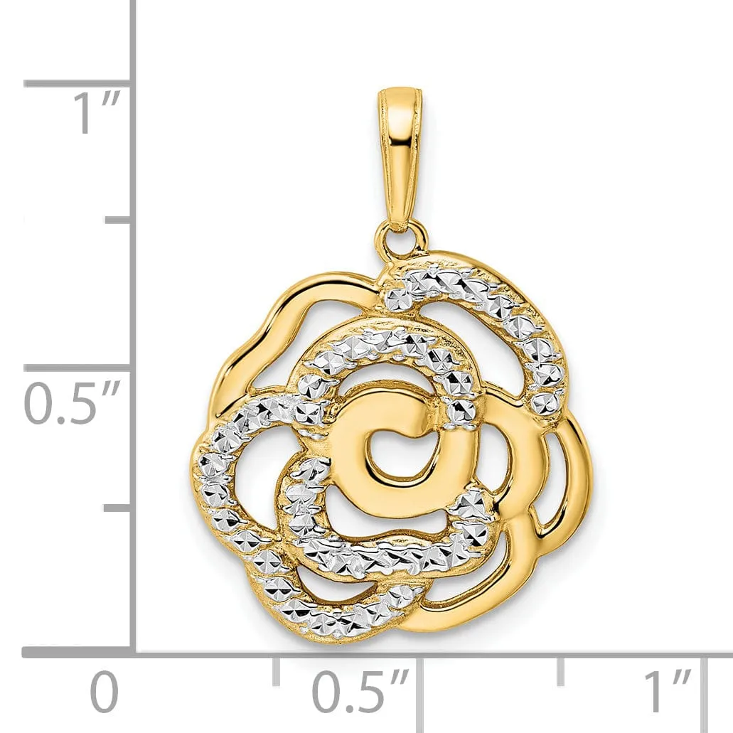 14k Yellow Gold and White Rhodium Casted Open Back Diamond-cut Solid Polished Finish Flower Charm Pendant