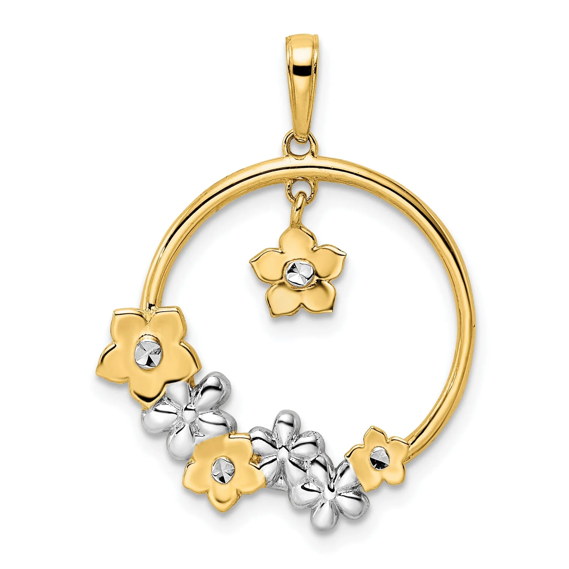 14k Yellow Gold and White Rhodium Diamond-cut Casted Flat Back Polished Finish Flowers Charm Pendant